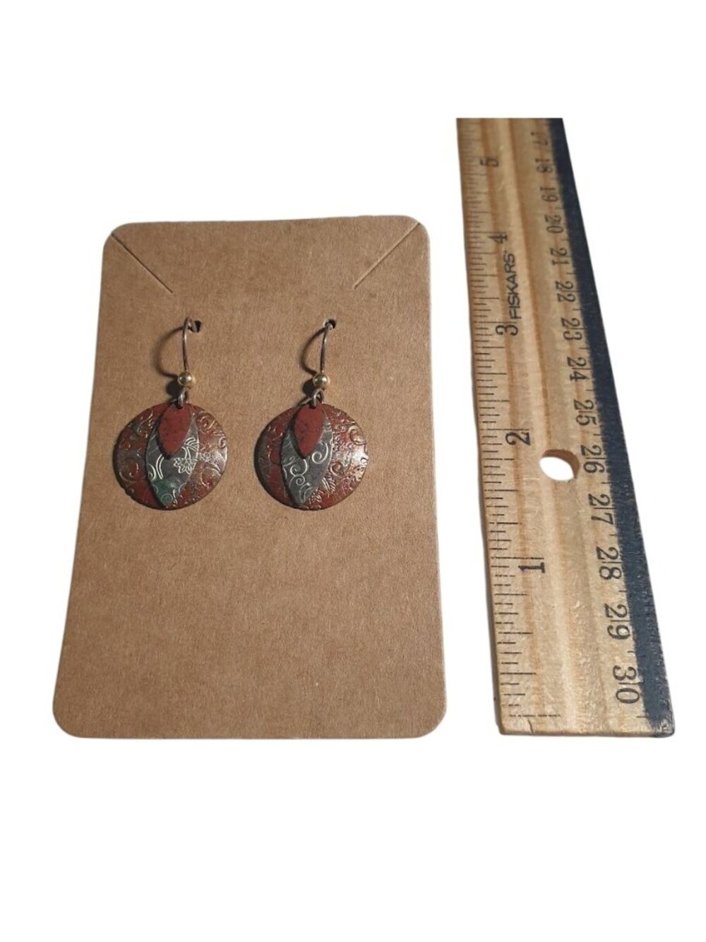 Handcrafted Drop Earring Mixed Metal Layered Engraved Red Gold Rustic Boho Style - Picture 3 of 4